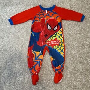 Kids Marvel Spider-Man Fleece Footed Pajamas Sleepwear Size 24 Months Red Blue *
